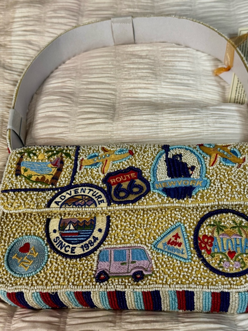 Route 66 Beaded Travel Patchwork Shoulder Bag - Cream with Multicolor Accents